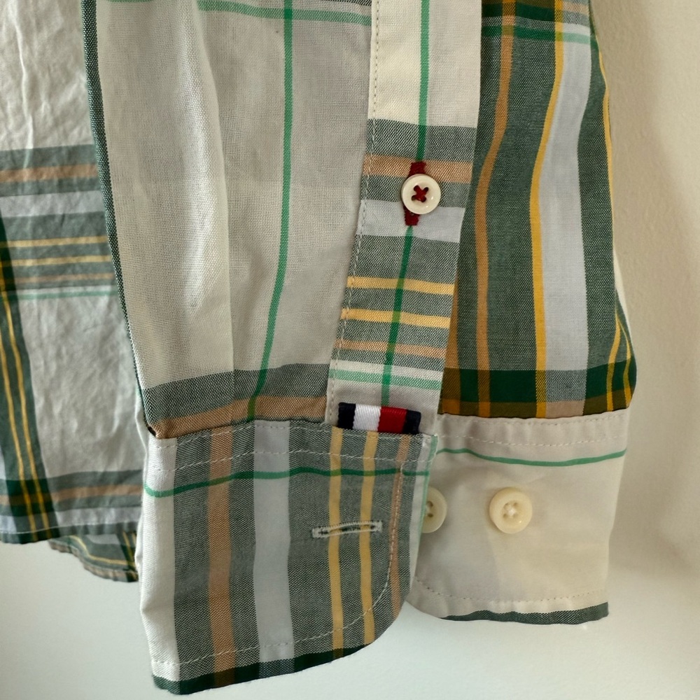 NWT Men’s L Tommy Hilfiger Fall Basics Button‎ Up Dress Shirt Green Plaid Long - Picture 3 of 14